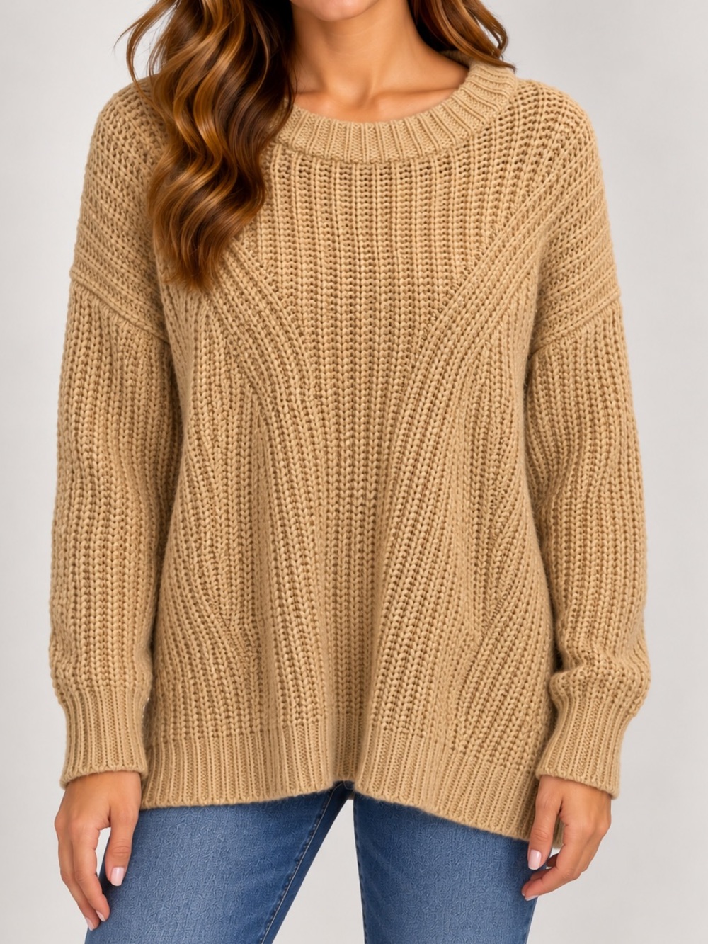 a new day Ribbed Crewneck Sweater in Camel